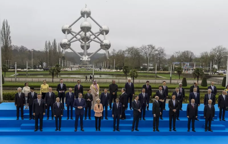 A family portrait taken during a summit on nuclear energy, hosted by the International Atomic Energy Agency and the Belgian presidency of the Council of the European Union, Thursday 21 March 2024 in Brussels. BELGA PHOTO NICOLAS MAETERLINCK (Photo by NICOLAS MAETERLINCK / BELGA MAG / Belga via AFP)