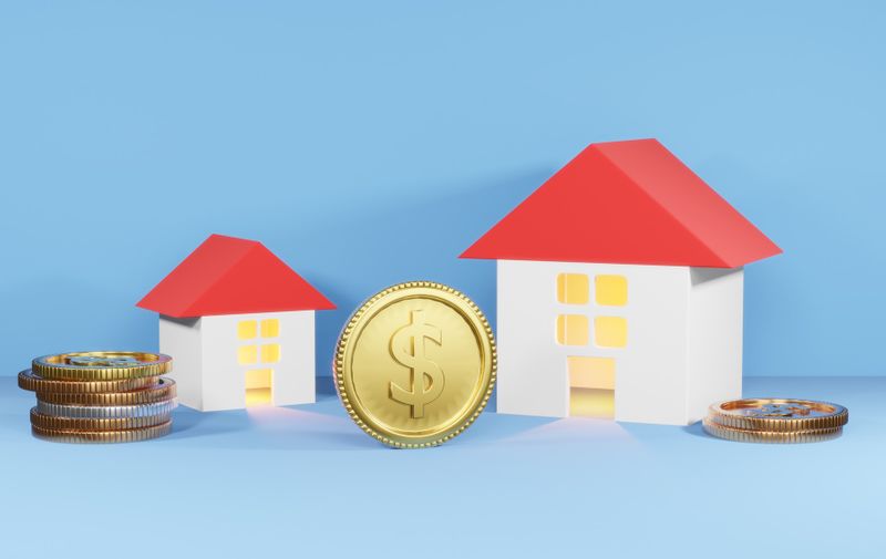 3D render - 3d image of house growing and gold coin and gray coin on beautiful blue background, coin and money, saving money financial goal concept.,Image: 572814350, License: Royalty-free, Restrictions: , Model Release: yes