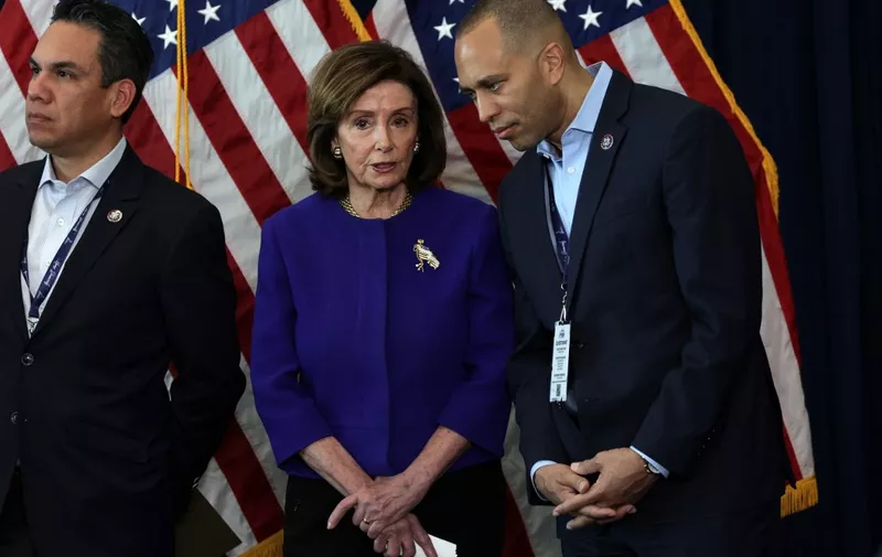 PHILADELPHIA, PENNSYLVANIA - MARCH 11: U.S. Speaker of the House Rep. Nancy Pelosi (D-CA) (C), Rep. Pete Aguilar (D-CA) (L) and Democratic Caucus Chairman Hakeem Jeffries (D-NY) (R) listen during a news conference at the 2022 House Democratic Caucus Issues Conference March 11, 2022 in Philadelphia, Pennsylvania. House Democrats gathered in Philadelphia for their annual retreat.   Alex Wong/Getty Images/AFP (Photo by ALEX WONG / GETTY IMAGES NORTH AMERICA / Getty Images via AFP)