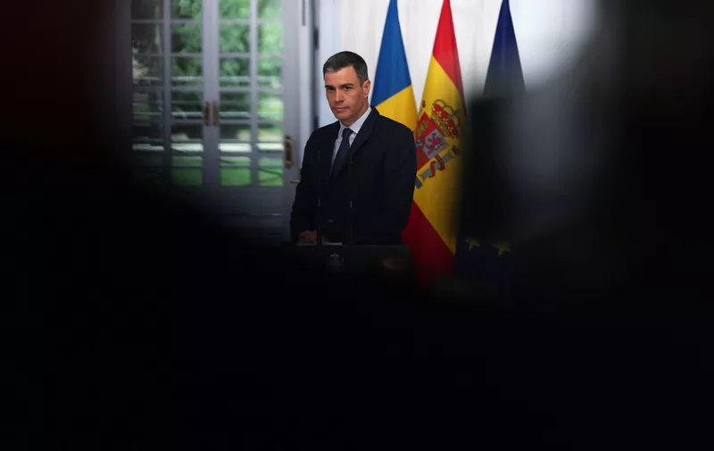 Spains Prime Minister Pedro Sanchez looks on during a joint press conference with his Swedish counterpart at La Moncloa palace in Madrid on June 5, 2023. (Photo by PIERRE-PHILIPPE MARCOU / AFP)