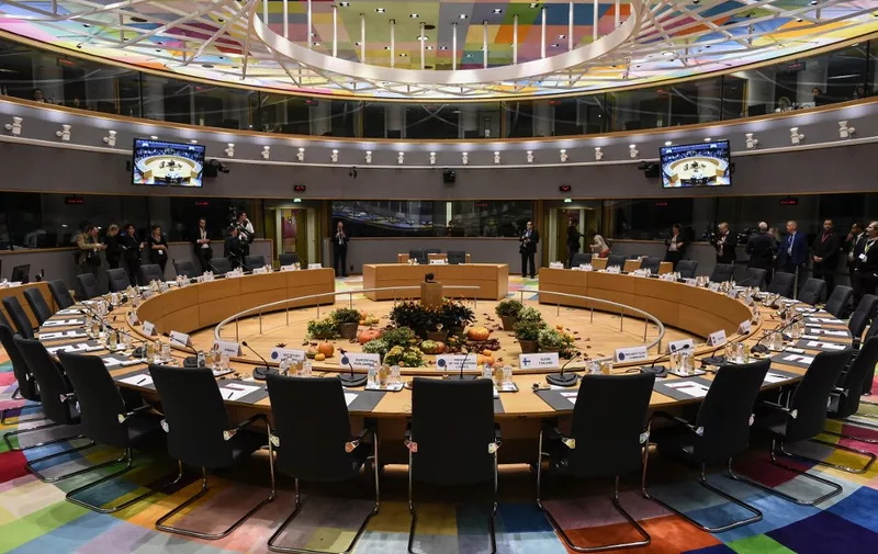 A picture taken on October 17, 2019 show the European Council meeting room ahead of an European Union Summit at European Union Headquarters in Brussels. (Photo by John THYS / AFP)