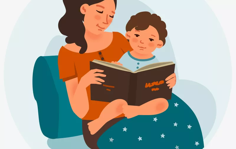 Mother with cute baby reading book. Family, early development, activity, learning