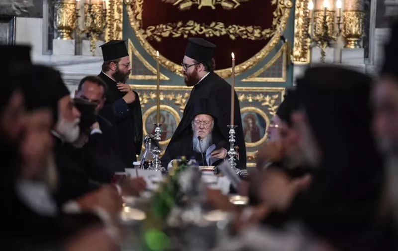 Ecumenical Patriarch Bartholomew I is seen at the Hagia Triada Greek Orthodox church on September 1, 2018 in Istanbul, during the meeting (synaxis) of the Hierarchy of the Ecumenical throne. - Ecumenical Patriarch Bartholomew I on Friday hosted Russian Orthodox Patriarch Kirill in Istanbul for hugely unusual talks focused on whether Ukraine will get an independent church, a move strongly opposed by Moscow. (Photo by OZAN KOSE / AFP)