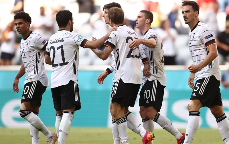 19 June 2021, Bavaria, Munich: Football: European Championship, Portugal - Germany, preliminary round, Group F, 2nd matchday in the EM Arena Munich. Germany's Kai Havertz (centre) celebrates the 1:1. Photo by: Christian Charisius/picture-alliance/dpa/AP Images