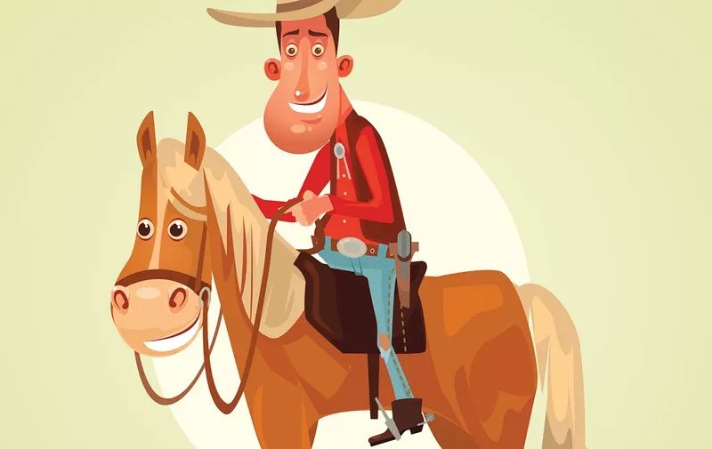 Happy smiling cowboy sheriff character ride horse. Vector flat cartoon illustration