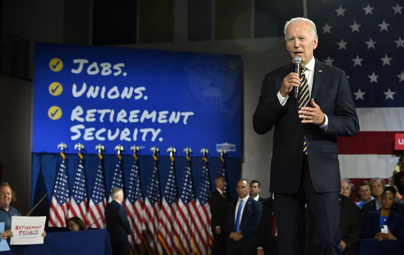 US President Joe Biden speaks about the economy and the final rule implementing the American Rescue Plans Special Financial Assistance program, protecting multiemployer pension plans, at Max S. Hayes High School in Cleveland, Ohio, July 6, 2022. (Photo by SAUL LOEB / AFP)
