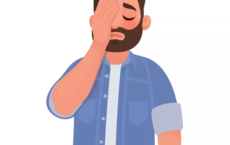 Man with a gestures facepalm. Headache, disappointment or shame. Vector illustration in cartoon style