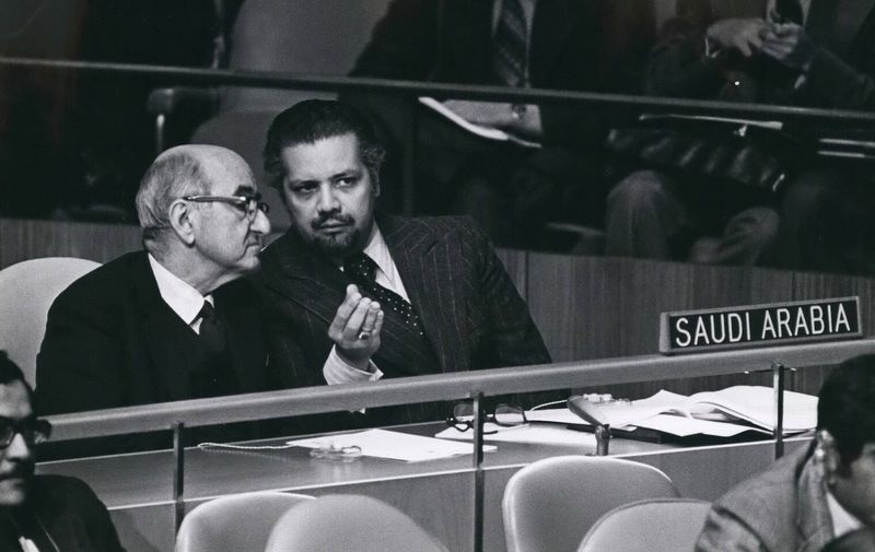 Apr. 04, 1974 - Assembly Hears Gabon, Yugoslavia, Soviet Union And Tunisia In Continuing Debate On Raw Materials And Development: Beginning the second day of debate on the problems of raw materials and development, the General Assembly this morning heard statements by the President of Gabon and the Foreign Minsters of Yugoslavia, the Soviet Union and Tunisia. The Assembly also decided to assign the item on raw materials and development - the subject of its current special session to the Ad Hoc Committee which it had set up on the opening day of the session, On Tuesday, 9 April. Seen here is the delegation of Saudi Arabia headed by Ahmed Zaki Yamani (right), Minister of Petroleum and Mineral Resources. Seated next to him is Jamil M. Barcody, Deputy Permanent Representative to the United Nations.,Image: 209864768, License: Rights-managed, Restrictions: , Model Release: no (Keystone Pictures USA