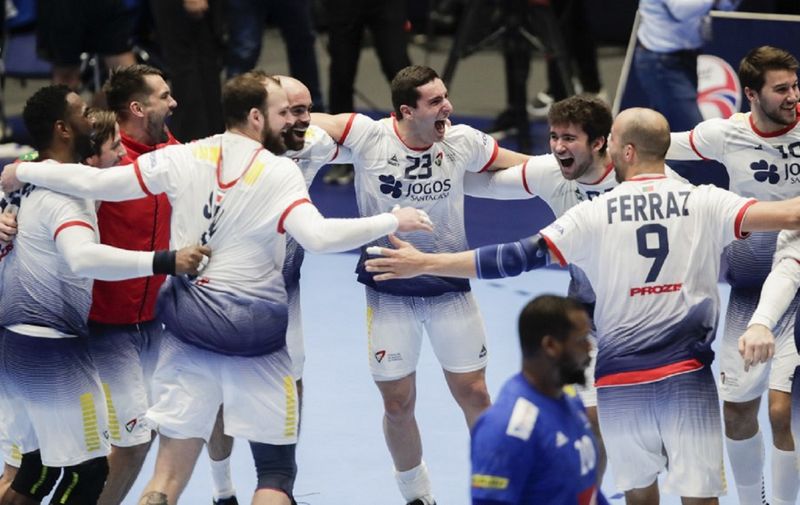 Portugal players celebrate their 28-25 victory after the match France vs Portugal at the Men´s Handball European Championship preliminary round in Trondheim, Norway, on January 10, 2020. (Photo by Vidar Ruud / various sources / AFP) / Norway OUT