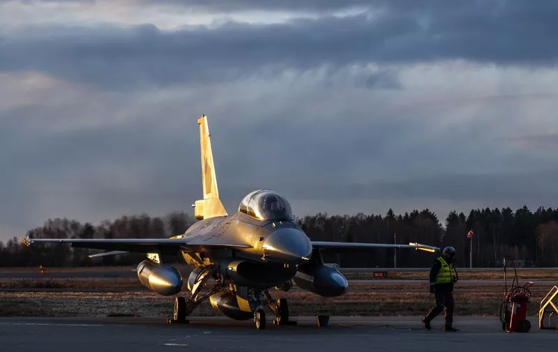A F-16 aircraft is pictured after the first delivery of Norway's old F-16 fighter aircraft to Romania at Rygge Air Force Base, Norway on November 28, 2023. (Photo by Ole Berg-Rusten / NTB / AFP) / Norway OUT