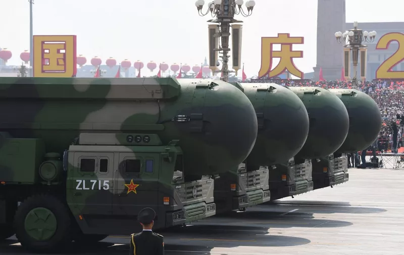 (FILES) In this file photo taken on October 01, 2019 China's DF-41 nuclear-capable intercontinental ballistic missiles are seen during a military parade at Tiananmen Square in Beijing, to mark the 70th anniversary of the founding of the People's Republic of China. - Global military spending rose again in 2021, setting new records as Russia continued to beef up its military prior to its invasion of Ukraine, researchers said on April 25, 2022, predicting the trend would continue in Europe in particular. (Photo by Greg Baker / AFP)