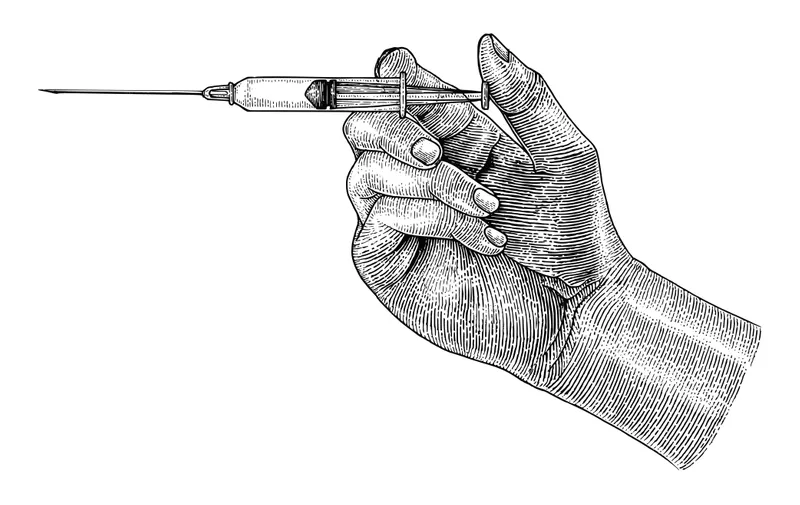 Doctor hand holding medical syringe,Hand drawing vintage style