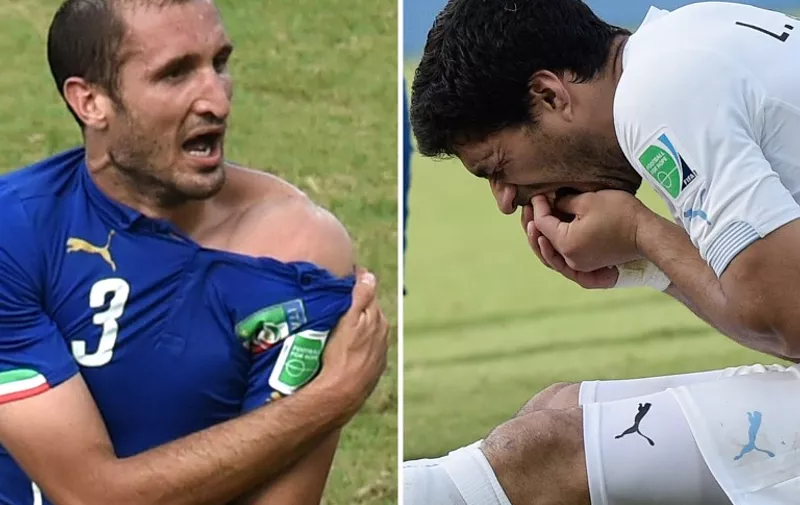 (FILES) This combo of 2 photos shows Italy's defender Giorgio Chiellini (L) showing an apparent bitemark and Uruguay forward Luis Suarez (R) holding his teeth after the incident during the Group D football match between Italy and Uruguay at the Dunas Arena in Natal during the 2014 FIFA World Cup on June 24, 2014. Suarez on June 30, 2014 apologized to Italian defender Giorgio Chiellini and to the entire "football family" for the bite for which he was penalized by the FIFA, in a message published on his official Twitter and Facebook accounts. AFP PHOTO/ YASUYOSHI CHIBA / DANIEL GARCIA