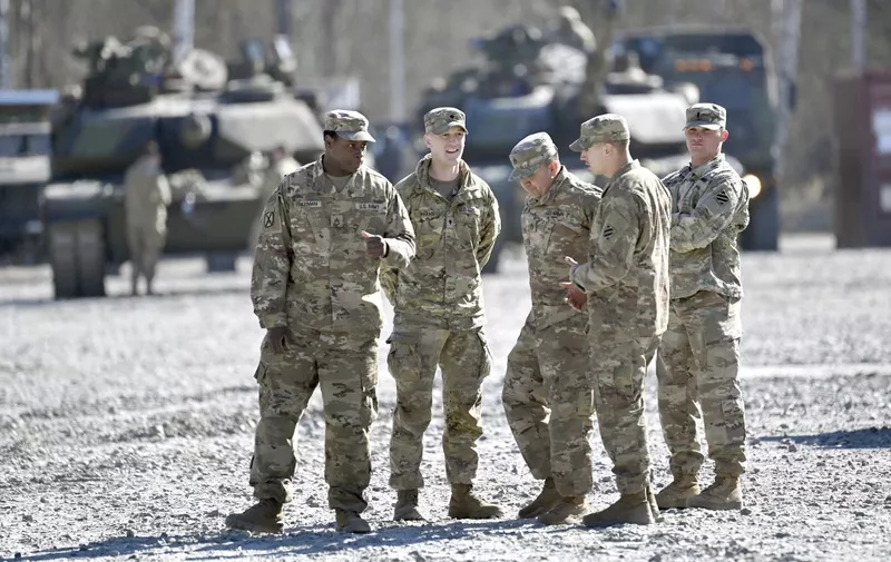 US Army soldiers. Prime Minister Dr. Markus Soeder visits the US military training area Grafenwoehr, headquarters of the 7th Army Training Command on March 11th, 2022. (Photo by Frank Hoermann / SVEN SIMON / SVEN SIMON / dpa Picture-Alliance via AFP)