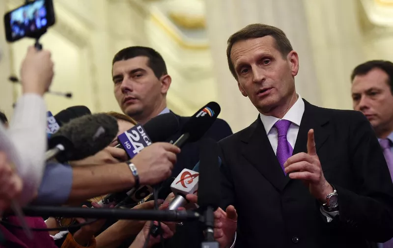 Sergey Naryshkin, Chairman of the State Duma of the Russian Federation talks to journalists during the 46th General Assembly of the Parliamentary Assembly of Black Sea Economic Cooperation (PABSEC) at the Romanian Parliament Palace in Bucharest November 27, 2015. AFP PHOTO DANIEL MIHAILESCU (Photo by Daniel MIHAILESCU / AFP)