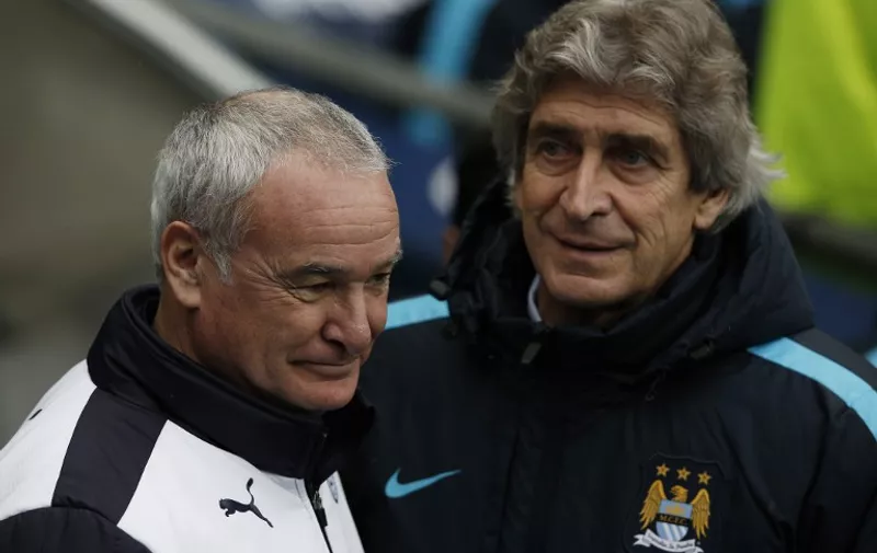 Manchester City's Chilean manager Manuel Pellegrini (R) greets Leicester City's Italian manager Claudio Ranieri ahead of the English Premier League football match between Manchester City and Leicester City at the Etihad Stadium in Manchester, north west England, on February 6, 2016.  / AFP / ADRIAN DENNIS / RESTRICTED TO EDITORIAL USE. No use with unauthorized audio, video, data, fixture lists, club/league logos or 'live' services. Online in-match use limited to 75 images, no video emulation. No use in betting, games or single club/league/player publications.  /