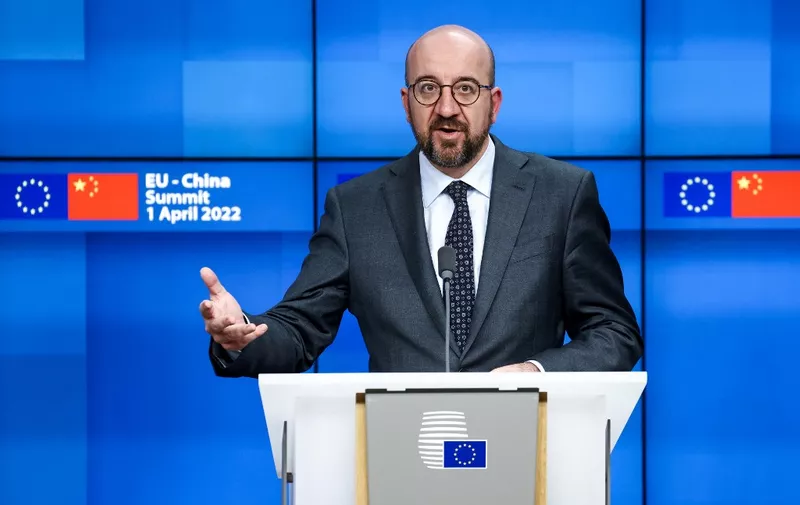 European Council President Charles Michel speaks during a press conference after a virtual summit with China's President in Brussels on April 1, 2022. (Photo by Kenzo TRIBOUILLARD / AFP)