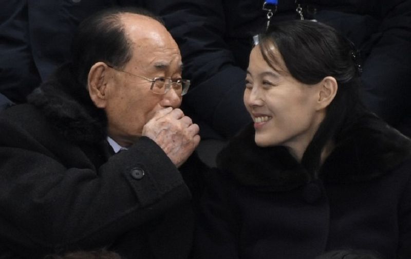 North Korean leader Kim Jong Un's sister Kim Yo Jong (R) and North Korea's ceremonial head of state Kim Yong Nam watch the women's preliminary round ice hockey match between Switzerland and the Unified Korean team during the Pyeongchang 2018 Winter Olympic Games at the Kwandong Hockey Centre in Gangneung on February 10, 2018.   / AFP PHOTO / Ed JONES