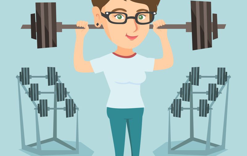 Caucasian sporty woman lifting a heavy weight barbell. Strong sportswoman doing exercise with barbell. Female weightlifter holding a barbell in the gym. Vector cartoon illustration. Square layout.