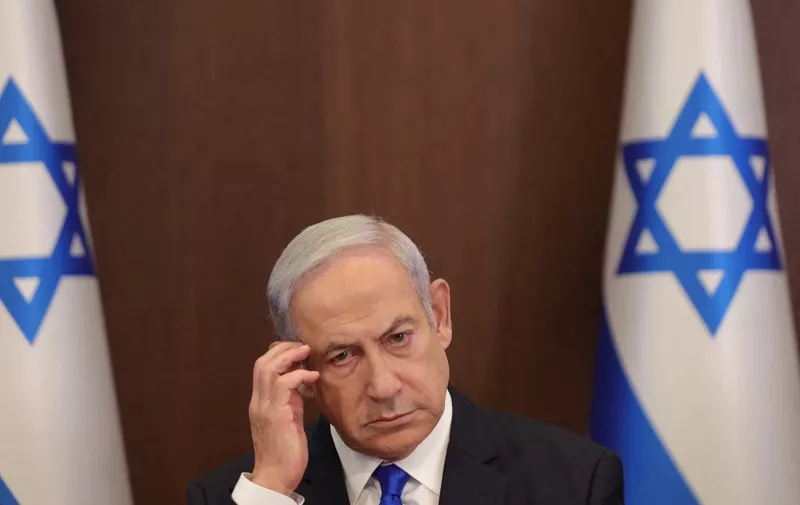 Israeli Prime Minister Benjamin Netanyahu attends the weekly cabinet meeting in his office in Jerusalem, on June 25, 2023. (Photo by ABIR SULTAN / POOL / AFP)