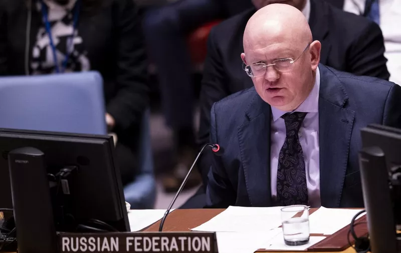 Russian Ambassador to the United Nations Vasily Nebenzya speaks during a Security Council meeting about the situation in Venezuela at the United Nations in New York on April 10, 2019 in New York City. (Photo by Johannes EISELE / AFP)