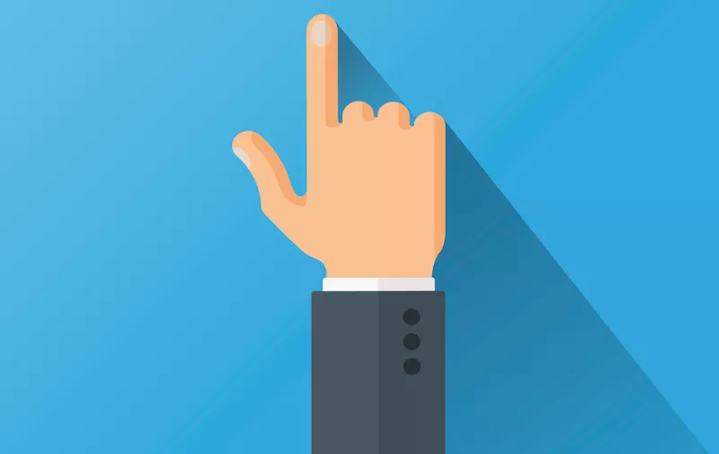 Hand with long shadow in the suit pointing with index finger on blue background. Flat style vector illustration.
