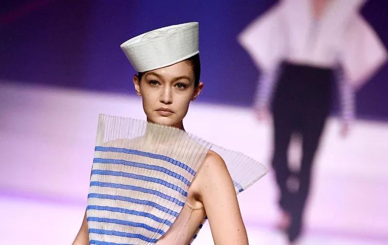 US model Gigi Hadid presents a creation by Jean Paul Gaultier during the Women's Spring-Summer 2020 Haute Couture collection fashion show in Paris, on January 22, 2020. (Photo by Anne-Christine POUJOULAT / AFP)
