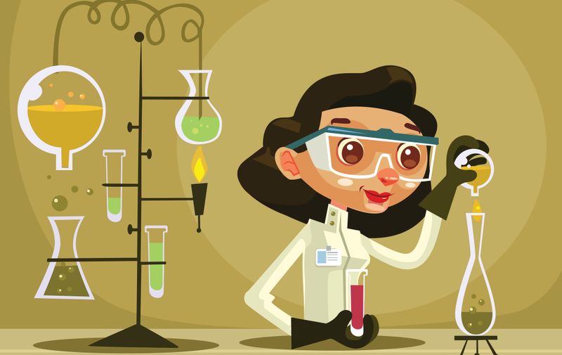 Happy smiling woman scientist character hold flask. Vector flat cartoon illustration