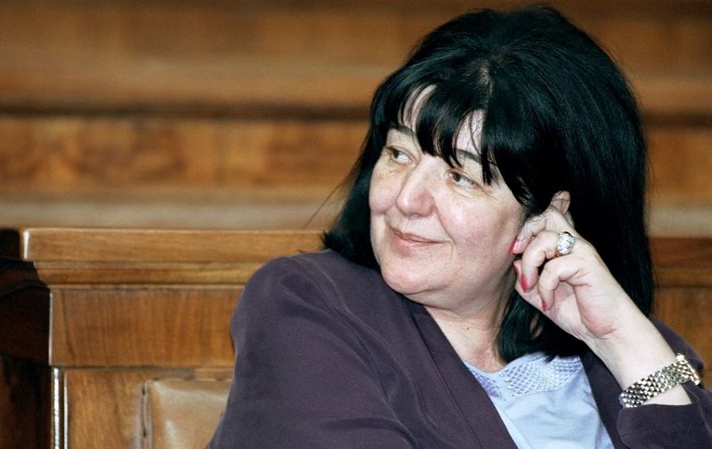 This photograph taken on July 25, 2001, shows Mirjana Markovic, the widow of late Serbian strongman Slobodan Milosevic during a parliament session in Belgrade. - The widow of late Serbian strongman Slobodan Milosevic, often dubbed the "Lady Macbeth of the Balkans", died in Russia at the age of 76, a friend told AFP on April 14, 2019. In 2003 Markovic, who was known to have a huge influence on her husband, left Serbia, where she was charged with abuse of power and suspected of cigarette smuggling and political assassination. (Photo by Andrej ISAKOVIC / AFP)
