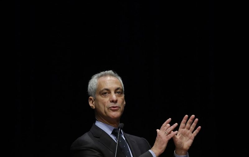 Chicago Mayor Rahm Emanuel speaks during the graduation ceremony of new police officers March 15, 2017 in Chicago, Illinois. 
The graduating class included 80 new police officers along with promotions of 131 new Detectives and 140 new Sergeants. Chicago Mayor Rahm Emanuel is hiring 1,000 beat officers over the next two years to combat violence across the city. / AFP PHOTO