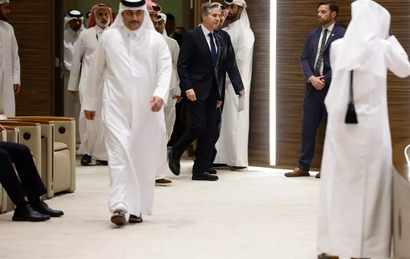 US Secretary of State Antony Blinken arrives to give a joint press conference with Qatar's Prime Minister and Foreign Minister following their meeting in Doha on January 7, 2024 during his week-long trip aimed at calming tensions across the Middle East. (Photo by EVELYN HOCKSTEIN / POOL / AFP)