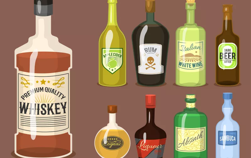 Alcohol strong drinks in bottles and cocktail glasses whiskey cognac brandy beer wine vector illustration. Cool cold alcoholic drawing liquor beverage., Image: 380444559, License: Royalty-free, Restrictions: , Model Release: yes, Credit line: vectordreamsmachine / DPphoto / Profimedia