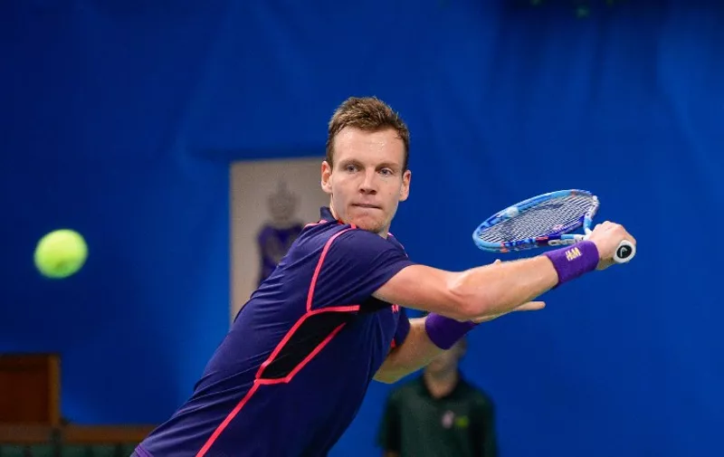 Czech Republic's Tomas Berdych returns the ball to USA's Jack Sock at the ATP Stockholm Open tennis tournament final match in Stockholm on October 25, 2015. AFP PHOTO/JONATHAN NACKSTRAND