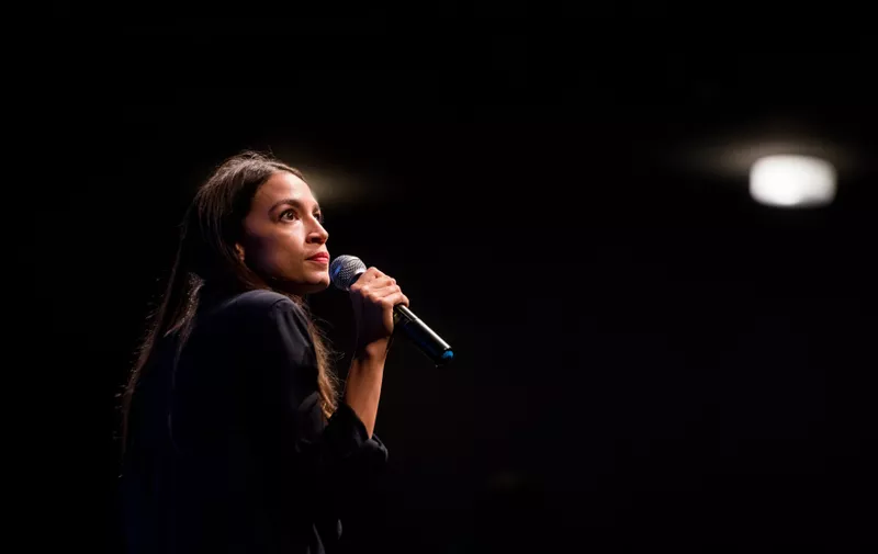 Alexandria Ocasio-Cortez holds a fundraiser and rally at the Los Angeles Theater Center in Los Angeles, California on Thursday, August 2, 2018., Image: 380927406, License: Rights-managed, Restrictions: , Model Release: no, Credit line: Profimedia, SIPA USA