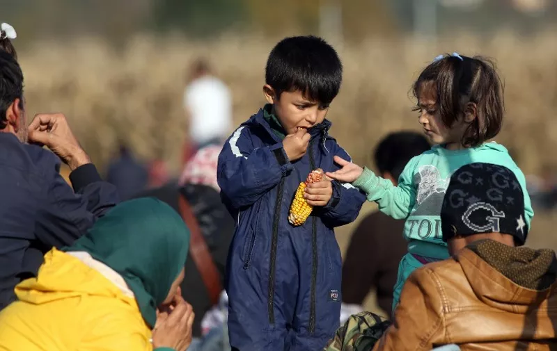 Children eat corn as migrants and refugees wait in a field on their way to a refugee camp after crossing the Croatian-Slovenian border near Rigonce, Slovenia, on October 26, 2015. The European Union will "start falling apart" if it fails to take concrete action to tackle the migrant crisis within the next few weeks, Slovenian Prime Minister Miro Cerar warned on October 25.  AFP PHOTO STRINGER