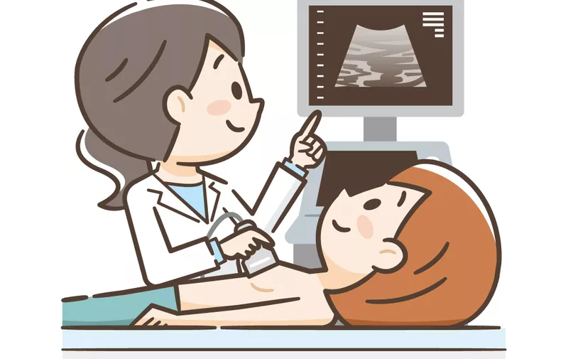 Illustration of a woman undergoing a chest ultrasound
