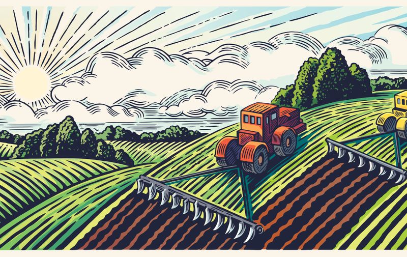 Spring rural landscape with two tractors in a graphic style, hand-drawn and then converted in vector illustration.