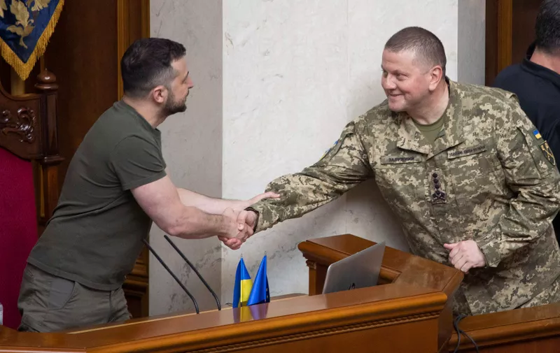 July 28, 2022, Kyiv, Ukraine: Commander-in-Chief of the Armed Forces of Ukraine Major General Valeriy Zaluzhny, right, greets Ukrainian President Volodymyr Zelenskyy, left, during Statehood celebrations at the Verkhovna Rada parliament, July 28, 2022 in Kyiv, Ukraine.,Image: 710515268, License: Rights-managed, Restrictions: ***
HANDOUT image or SOCIAL MEDIA IMAGE or FILMSTILL for EDITORIAL USE ONLY! * Please note: Fees charged by Profimedia are for the Profimedia's services only, and do not, nor are they intended to, convey to the user any ownership of Copyright or License in the material. Profimedia does not claim any ownership including but not limited to Copyright or License in the attached material. By publishing this material you (the user) expressly agree to indemnify and to hold Profimedia and its directors, shareholders and employees harmless from any loss, claims, damages, demands, expenses (including legal fees), or any causes of action or allegation against Profimedia arising out of or connected in any way with publication of the material. Profimedia does not claim any copyright or license in the attached materials. Any downloading fees charged by Profimedia are for Profimedia's services only. * Handling Fee Only 
***, Model Release: no