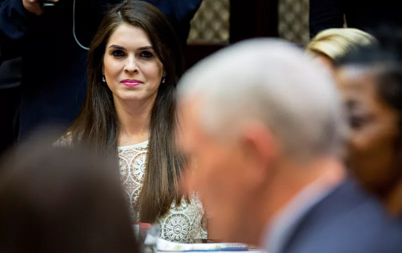 Hope Hicks, White House director of strategic communications, listens while meeting with women small business owners with U.S. President Donald Trump, not pictured, in the Roosevelt Room of the White House in Washington, D.C., U.S., on Monday, March 27, 2017.  Investors on Monday further unwound trades initiated in November resting on the idea that the election of Trump and a Republican Congress meant smooth passage of an agenda that featured business-friendly tax cuts and regulatory changes. Photographer: Andrew Harrer/Pool  *** Please Use Credit from Credit Field ***, Image: 326715814, License: Rights-managed, Restrictions: *** World Rights ***, Model Release: no, Credit line: Profimedia, SIPA USA