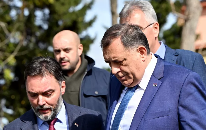 Bosnian Serb leader Milorad Dodik leaves the courthouse of Bosnia-Herzegovina in Sarajevo on October 16, 2023. Dodik refused on October 16, 2023, to enter a plea to charges of refusing to heed rulings made by an international peace overseer in Bosnia, saying he did not understand them. Dodik was indicted last month with passing laws that would allow the Bosnian Serb entity to bypass or ignore decisions made by German diplomat Christian Schmidt, who is the top international envoy to the country. (Photo by Elvis BARUKCIC / AFP)