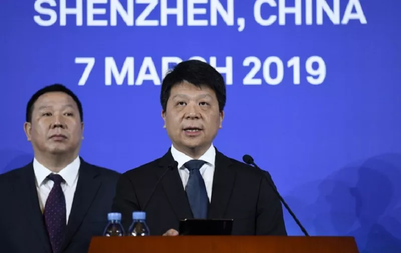 Huawei's rotating chairman Guo Ping speaks during a press conference in Shenzhen, China's Guangdong province on March 7, 2019. - Chinese telecom giant Huawei said on March 7 it was suing the United States for barring government agencies from buying the telecom company's equipment and services. (Photo by WANG ZHAO / AFP)