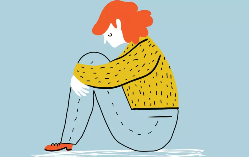 Sad and depressed girl  sitting on the floor. Creative vector illustration.