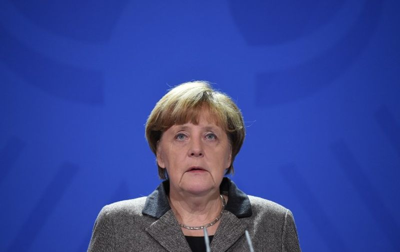 Angela Merkel German Chancellor speaks during a press conference on January 12, 2016 in Berlin.
At least eight Germans were killed in Tuesday's suicide bombing attack that struck the heart of Istanbul's tourist district, Chancellor Angela Merkel said, adding that Berlin would put up a determined fight against terror. / AFP / dpa / Soeren Stache / Germany OUT
