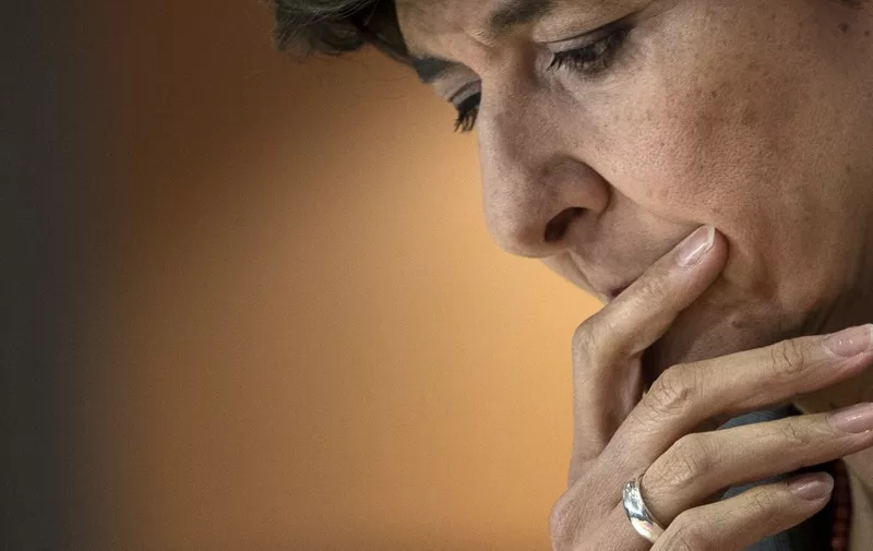 EU commissioner for internal market Sylvie Goulard addresses during her hearing at the European Parliament in Brussels on October 10, 2019. (Photo by Kenzo TRIBOUILLARD / AFP)