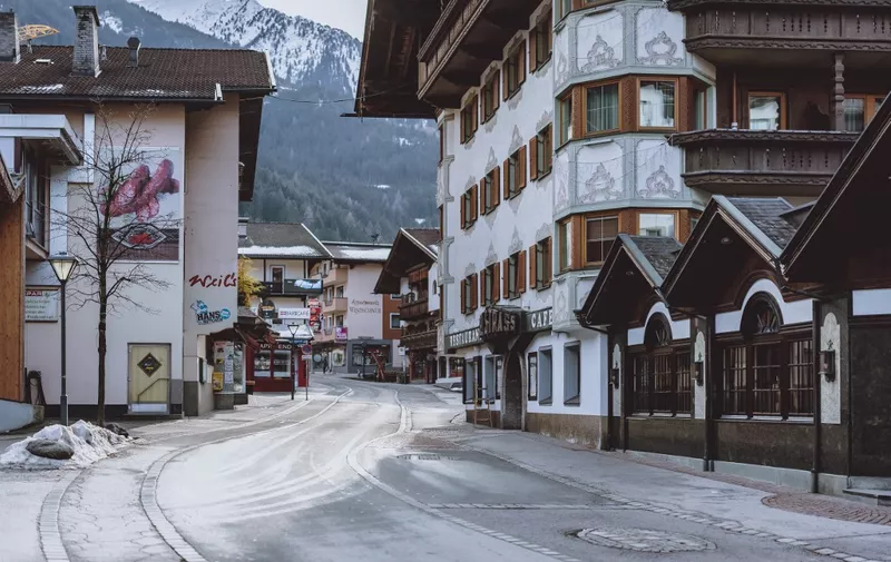A street is pictured in Mayrhofen in Tyrol, Austria on February 4, 2021, amid the ongoing coronavirus Covid-19 pandemic. - The Austrian government on February 4, 2021 rejected a possible lockdown of Tyrol, after alarmist remarks by a virologist denouncing the passivity towards the South African variant and warning of a new health scandal. (Photo by - / various sources / AFP) / Austria OUT
