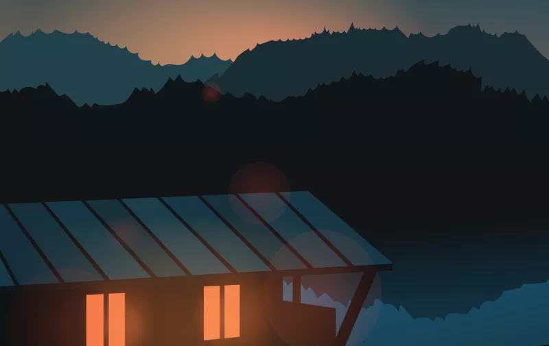 Evening landscape on the river. Travel, home. Vector illustration. Lake house
