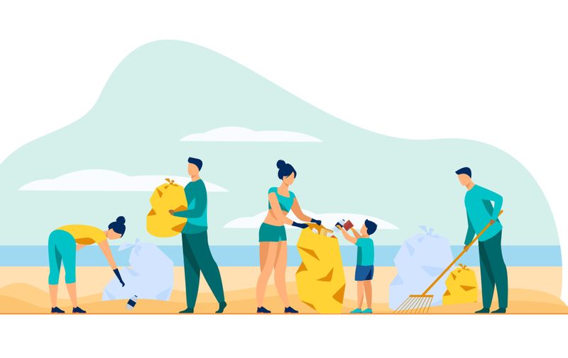 Eco volunteers cleaning sea or ocean beach from garbage. People, family with child collecting trash and sorting waste outdoors. Vector illustration for ecology, planet, nature