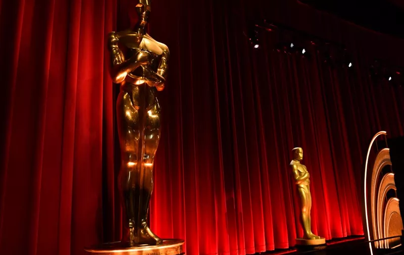 Oscar statues adorn the stage before the start of the the 96th Academy Awards nominations announcement at the Samuel Goldwyn Theater in Beverly Hills, California, on January 23, 2024. (Photo by Valerie Macon / AFP)