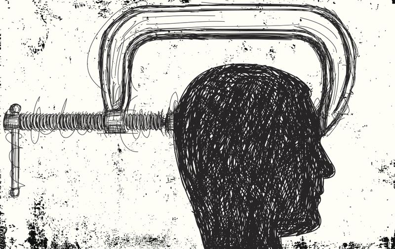 Sketchy, hand drawn head in a vise over an abstract background. The artwork and background are on separate labeled layers.