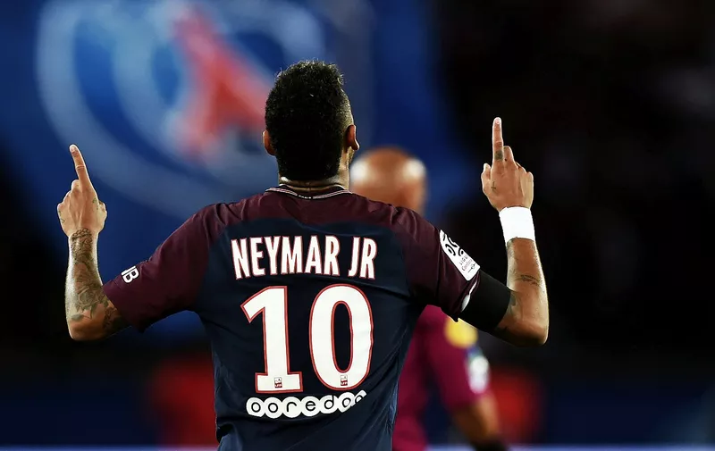 Neymar JR celebrates after scoring during the French Ligue 1 match Paris Saint Germain (PSG) v Toulouse FC at Parc des Princes stadium on August 20, 2017 in Paris, France. PSG won 6-2., Image: 345988859, License: Rights-managed, Restrictions: , Model Release: no, Credit line: Profimedia, Abaca